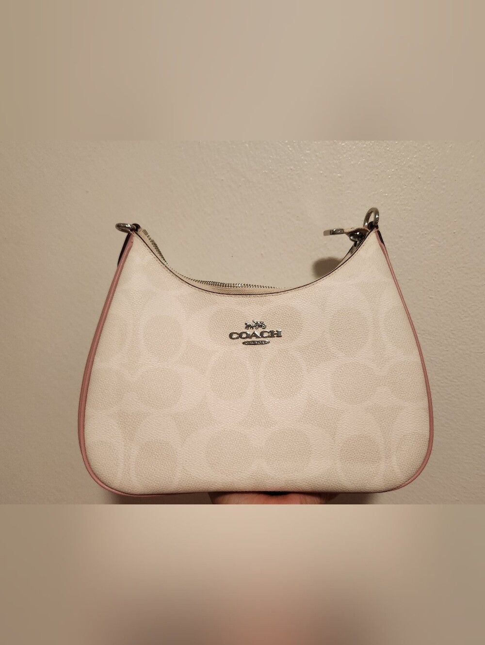 Coach White Signature Teri Hobo with Pink Piping